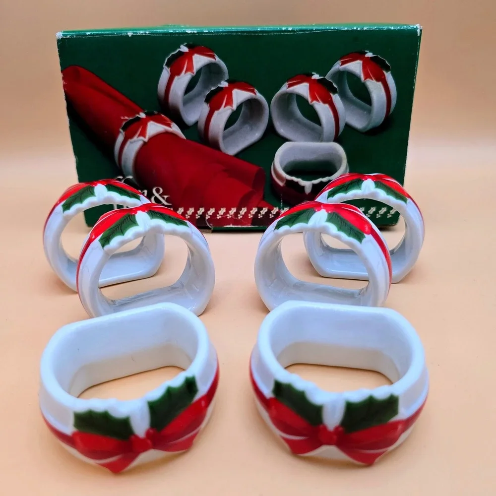 Vintage Mount Clemens Pottery Ribbon & Holly Ceramic Napkin Rings Set of 6 Japan
